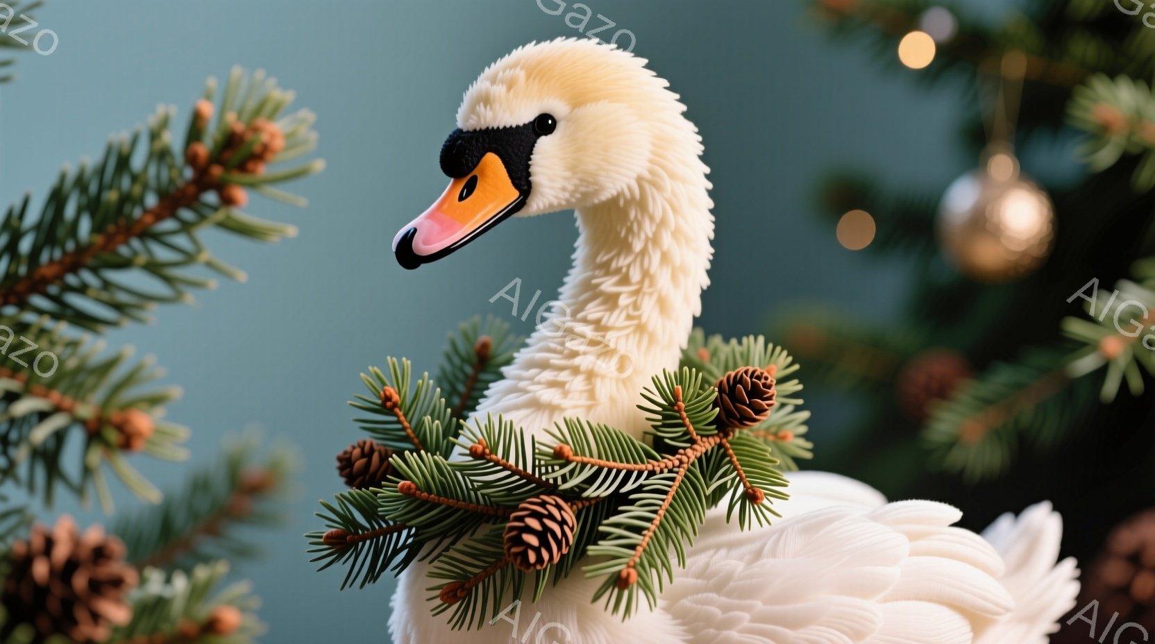 白い羽毛を持つ白鳥が、クリスマスの飾りであるモミの枝と松ぼっくりを首に巻き付けている。背景はぼかされた緑色で、クリスマスツリーの装飾がわずかに見え、冬の暖かく穏やかな雰囲気を醸し出している。白鳥の優雅な姿勢と、クリスマスらしい装飾が組み合わさり、平和で静かな情景が表現されている。