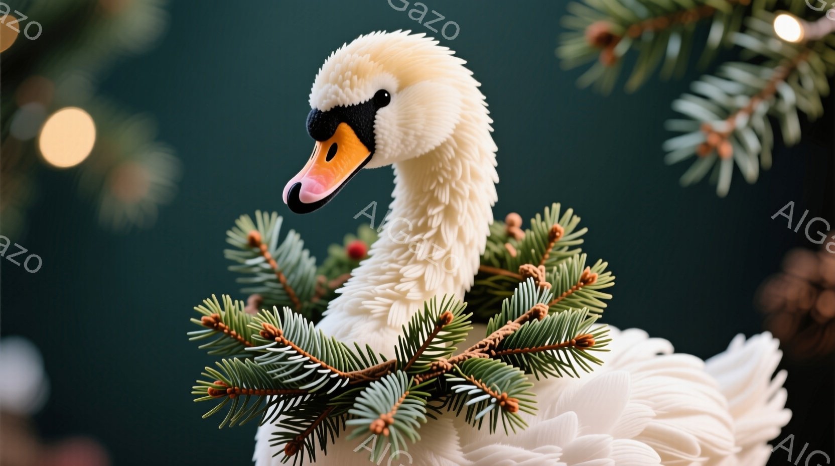 白いハクチョウが、赤い実のついた緑の葉のリースのようなものを首に巻いています。背景は暗い緑色で、ぼやけたクリスマスツリーの飾りや光が点在しており、冬の季節を暗示しています。全体的に、穏やかで、クリスマスの雰囲気を漂わせる、静止画です。