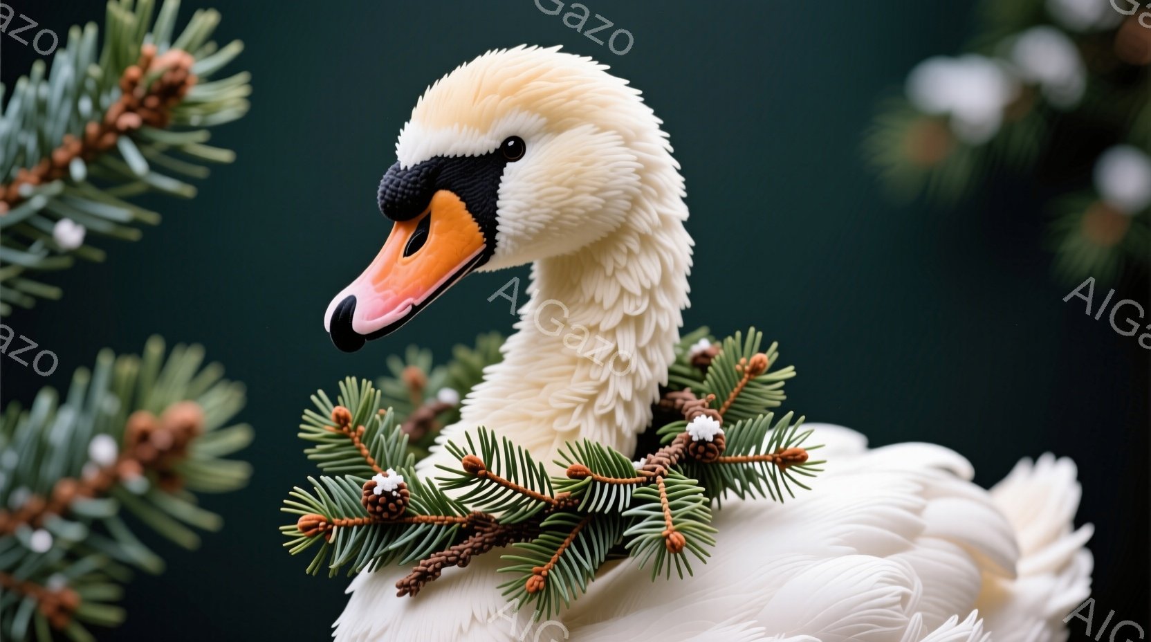 白い首の美しい白鳥が、クリスマスツリーの枝や松ぼっくりで飾られた首輪をつけている。背景は暗い緑色で、ボケ味がかかっており、冬の落ち着いた雰囲気を醸し出している。鳥は穏やかな表情で、優雅で静かな姿を捉えている。