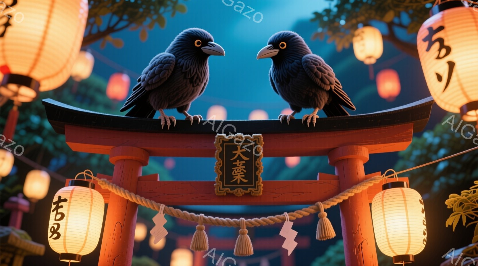 二羽の黒いカラスが、鳥居の笠木に並んで座っています。鳥居には「大華」と書かれた木札が飾られ、提灯が吊るされた賑やかな風景が広がっています。背景には木々や建物が見え、夕暮れ時の穏やかな雰囲気を醸し出して - AI生成フリー素材