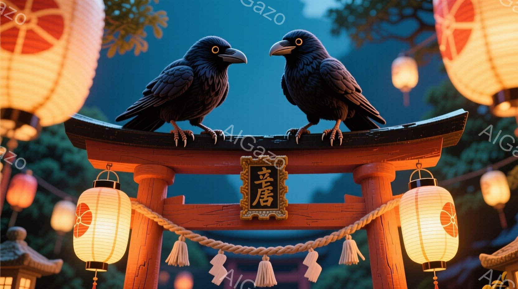 鳥居の上に二羽の黒い鳥が止まっており、鋭い眼差しで正面を見つめている。背景には、提灯が灯り、古い屋根の建物が連なり、夜の祭りや神社の雰囲気を醸し出している。全体的に、静寂と神秘的な空気が漂い、日本の伝 - AI生成フリー素材