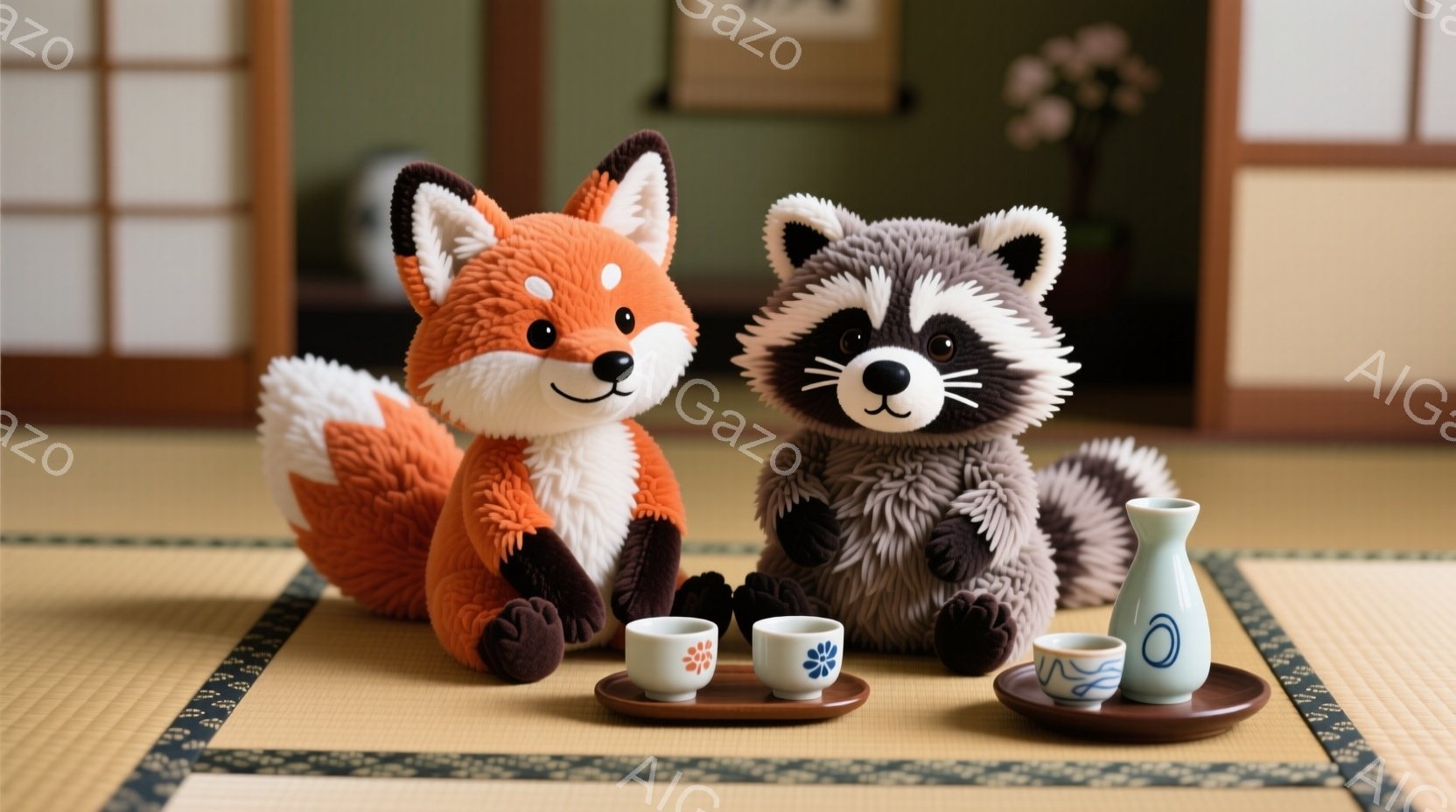 畳の上に、ふわふわのオレンジ色の狐と、グレーと黒の縞模様の raccoon が座っています。彼らの前には、小さくて可愛らしいお茶碗と徳利が置かれており、まるで茶会を楽しんでいるかのような様子です。背景には和室の壁と少し見える生け花があり、落ち着いた、温かい雰囲気が漂っています。