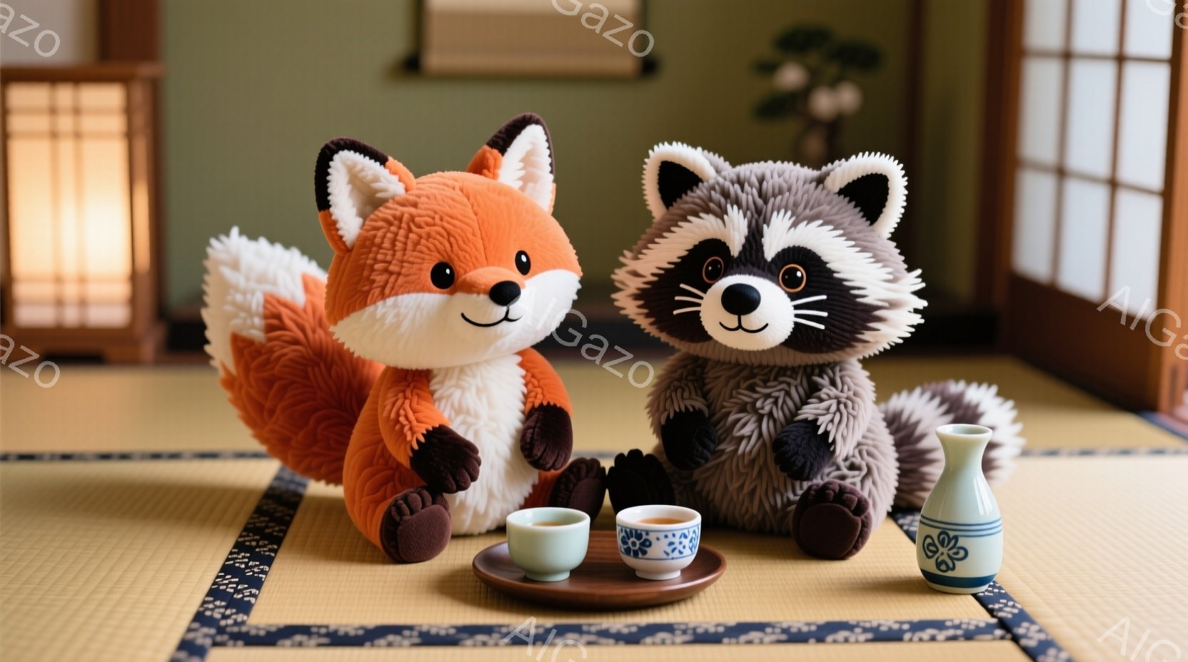 鮮やかなオレンジ色の狐と灰色の狸が畳の上に座っており、その間には小さな茶碗と徳利が置かれている。狐は明るい表情で、狸は穏やかな視線を向けており、静かで落ち着いた雰囲気を醸し出している。背景には障子戸が - AI生成フリー素材