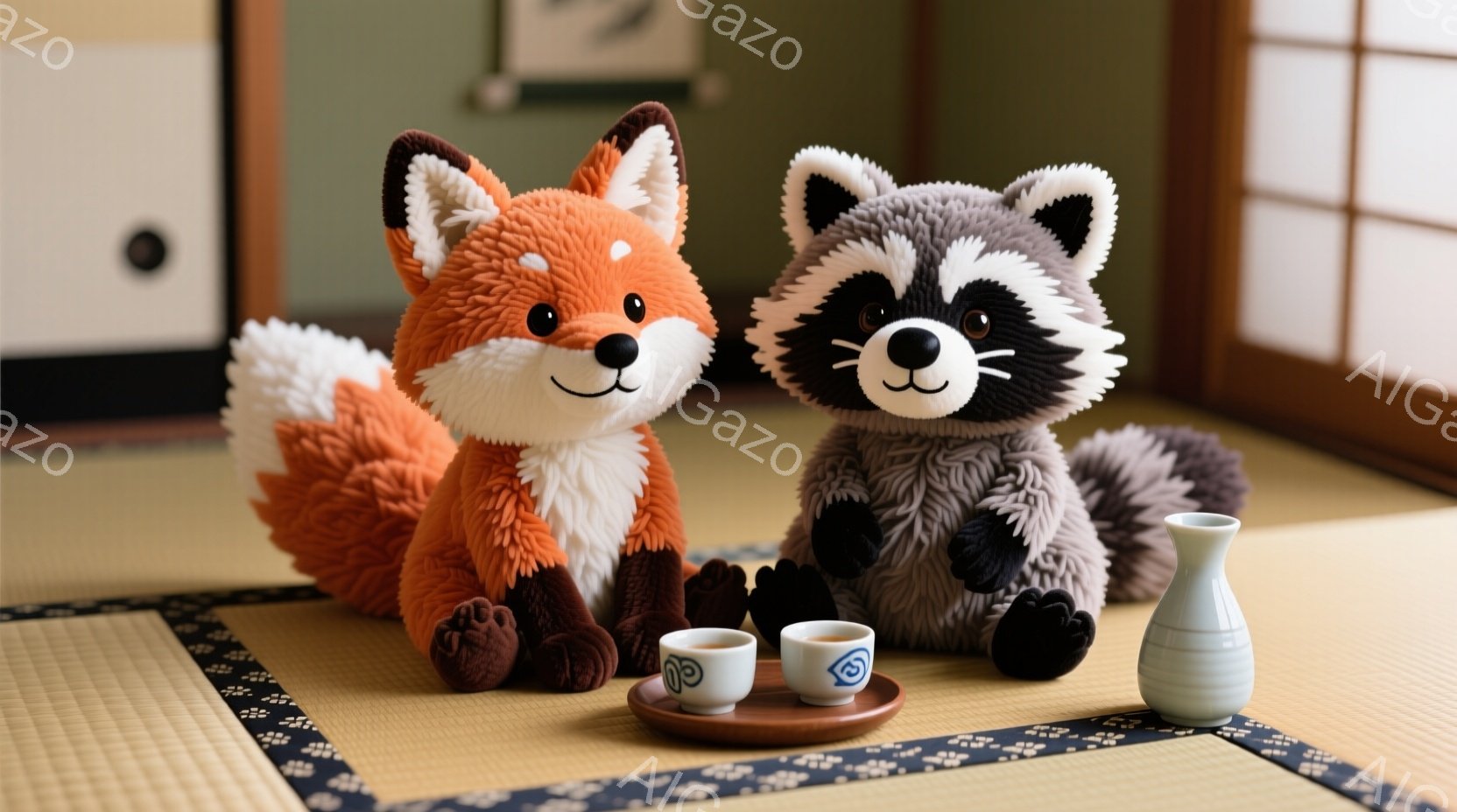 畳の上に、オレンジ色の狐のぬいぐるみと灰色のタヌキのぬいぐるみが座っています。手前には、お銚子と湯呑みが並べられており、日本の伝統的な雰囲気が漂っています。背景には障子があり、柔らかい光が差し込み、落 - AI生成フリー素材