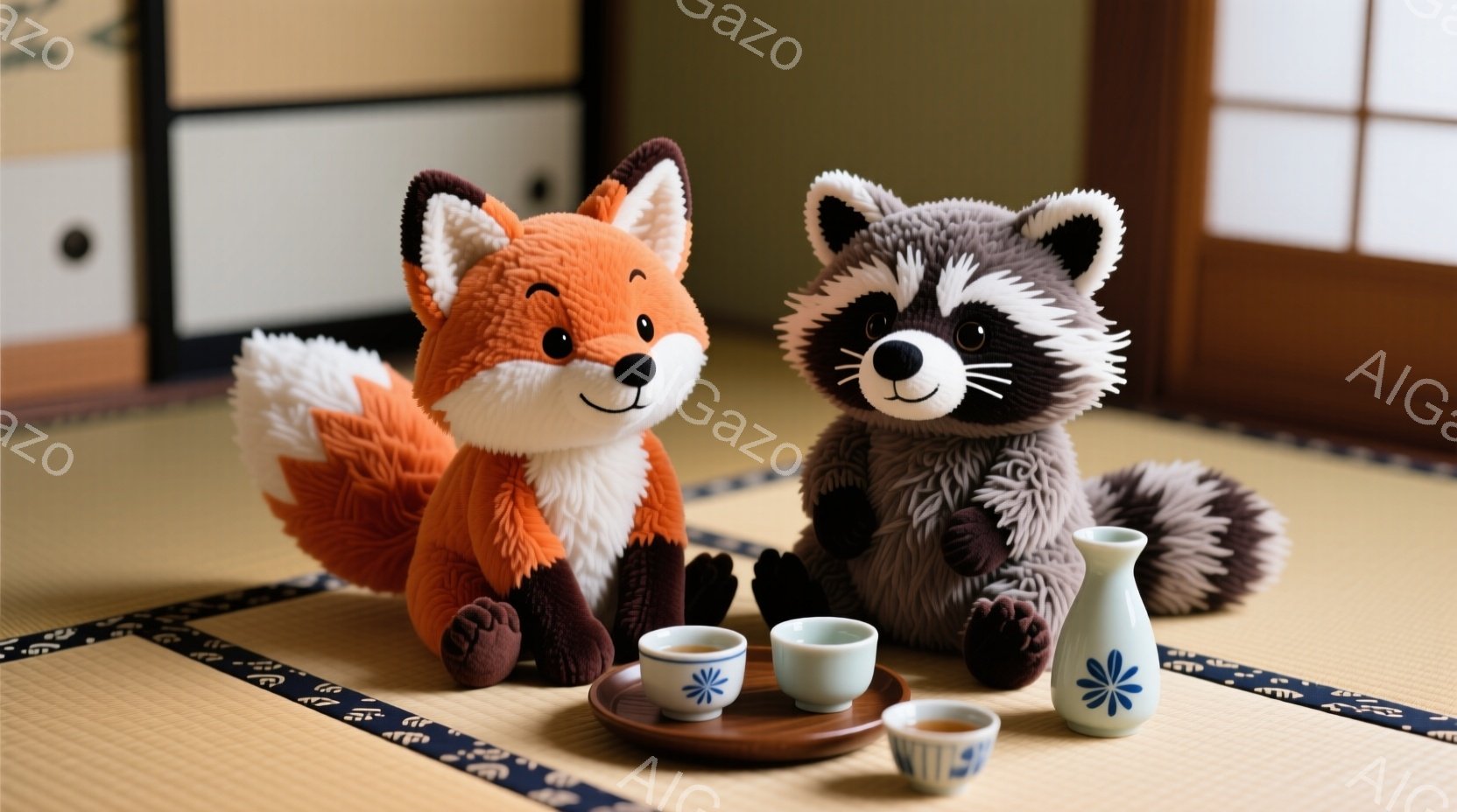 畳の上に、オレンジ色の狐のぬいぐるみと、グレーと黒の模様のアライグマのぬいぐるみが座っています。その前には、竹の盆に載った小さな茶碗と徳利があり、日本の伝統的な雰囲気を醸し出しています。ぬいぐるみの表 - AI生成フリー素材