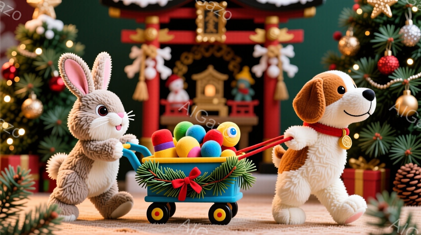 ふわふわのウサギと犬が、おもちゃのワゴンを引いています。ワゴンにはカラフルなボールがたくさん積まれ、クリスマスツリーや日本の伝統的な背景がぼやけて見えます。全体的に暖かく、お祝いムードにあふれた、楽しい雰囲気です。