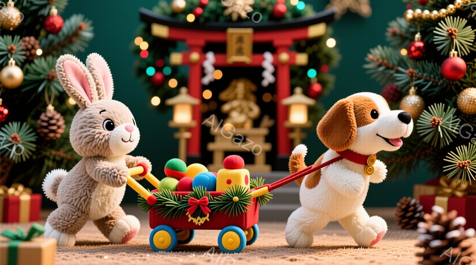 ふわふわの毛並みを持つウサギと犬が、赤いワゴンを引いて楽しそうに歩いています。背景には、日本の伝統的な建築様式を取り入れたクリスマスツリーと装飾が施されており、温かくお祝いの雰囲気が漂っています。全体的に、かわいらしいキャラクターと日本の伝統が融合した、心温まるクリスマスの光景が表現されています。