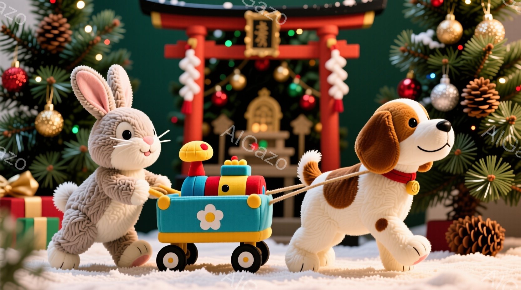 白い毛並みのウサギと茶色と白のパッチワークの犬が、雪の上に立っています。ウサギは、青いワゴンを引く犬の隣に立ち、楽しげな表情をしています。背景には、クリスマスツリーと日本の鳥居があり、冬の暖かく楽しい雰囲気を醸し出しています。