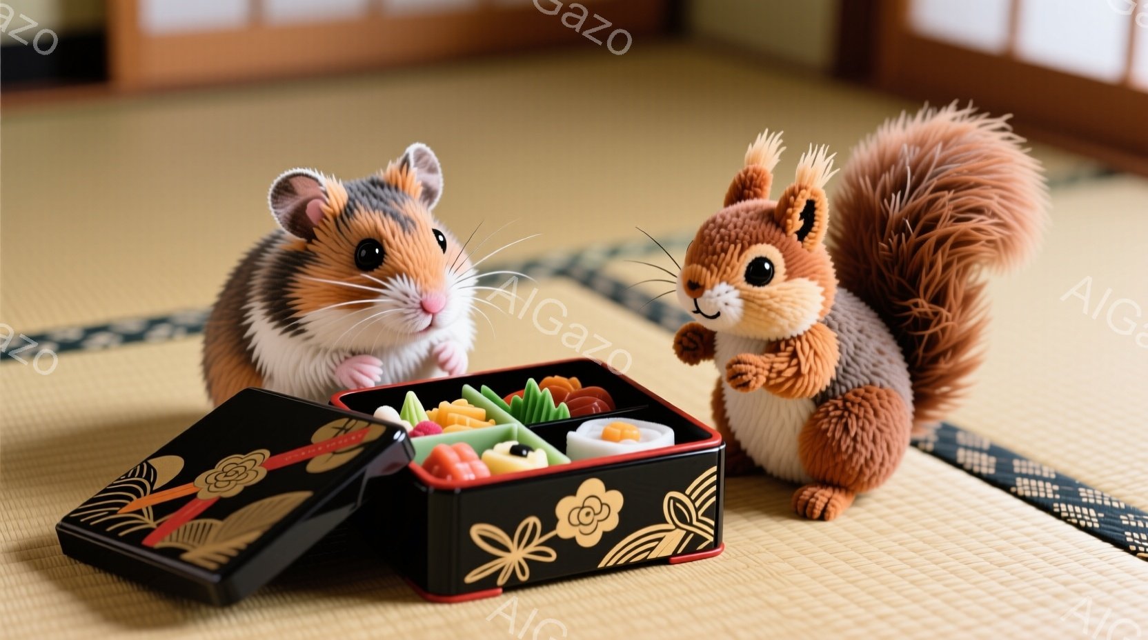 黒地に赤い花模様の弁当箱の前に、ハムスターとリスが並んで座っています。ハムスターは弁当箱を興味深そうに見つめ、リスは片手を上げて何かを食べるようなポーズをとっています。畳の上に置かれた弁当箱と動物たちは、穏やかで可愛らしい雰囲気を醸し出しています。