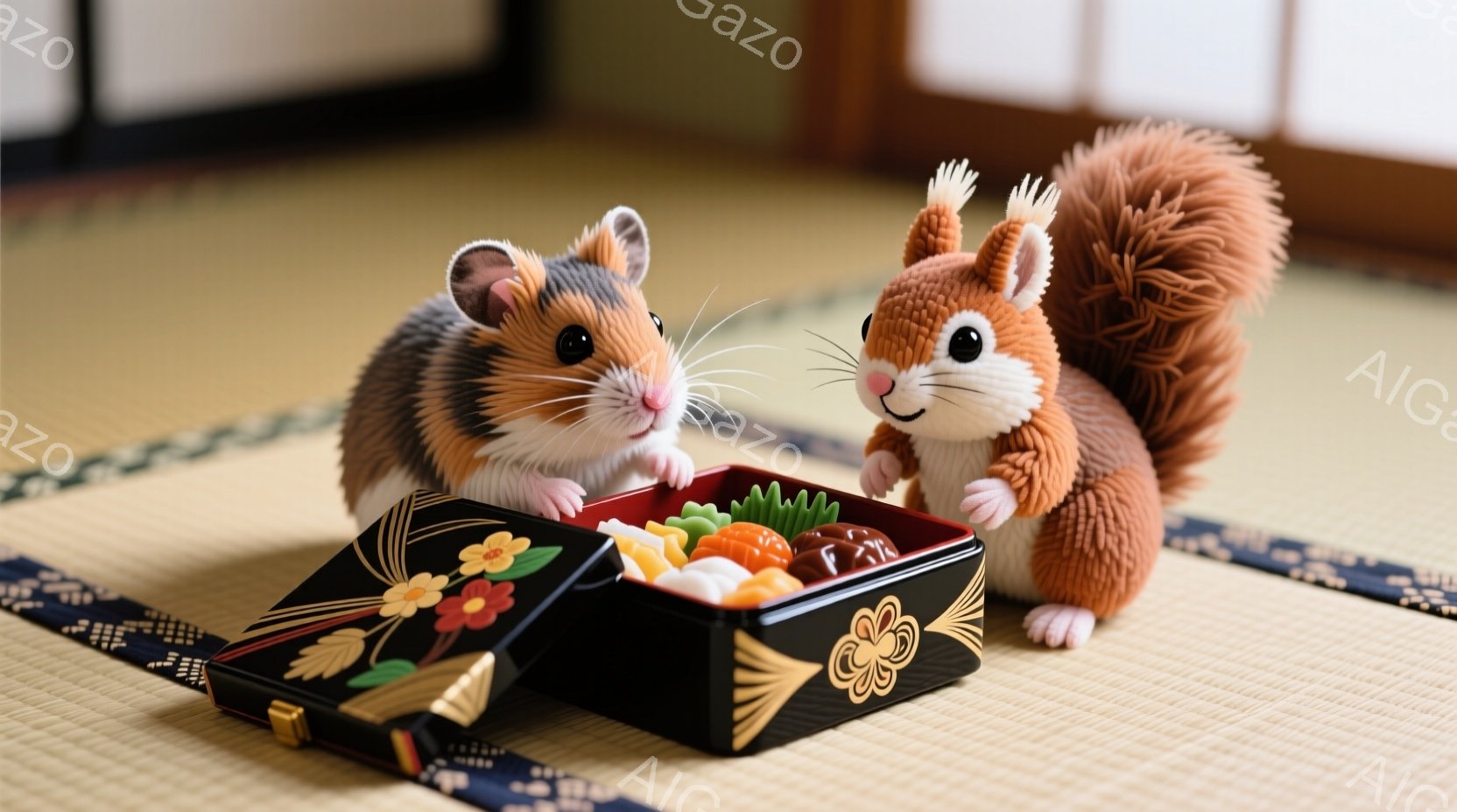 畳の上に、可愛らしいハムスターとリスが描かれた弁当箱を前にしています。ハムスターはピンク色、リスは茶色の毛並みを持ち、どちらも楽しそうな表情で弁当箱を覗き込んでいます。弁当箱の中には、様々な色の小さなおかずが詰め込まれており、日本の伝統的な雰囲気を醸し出しています。