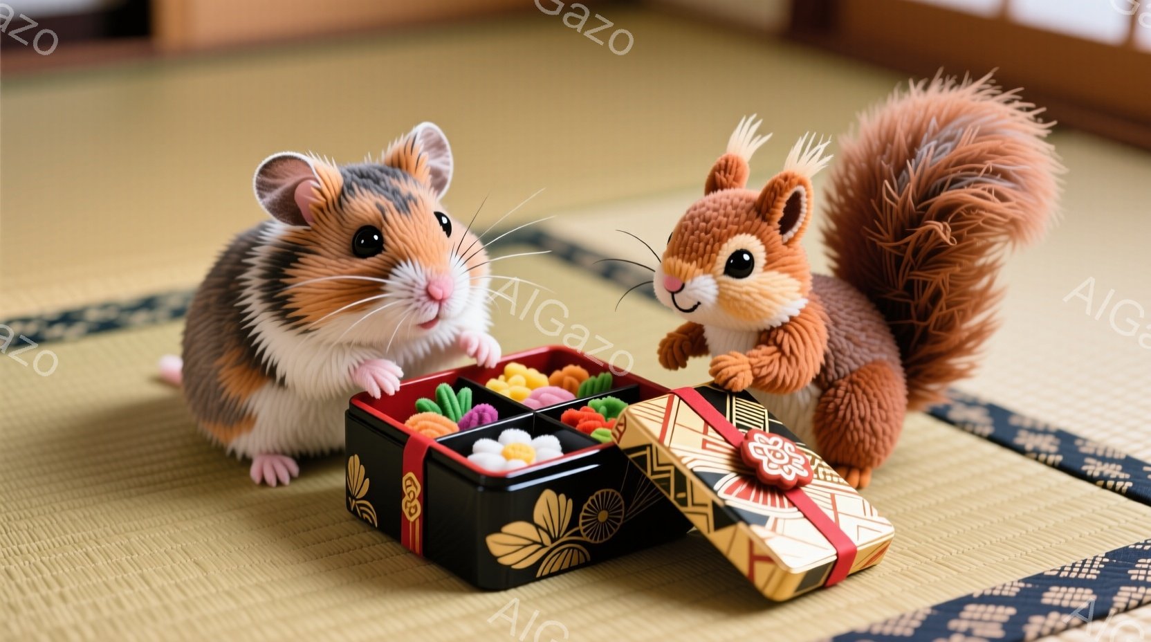 ハムスターとリスが畳の上に座り、豪華な弁当箱を見つめています。ハムスターはピンクと白の毛並みで、少し驚いた表情をしています。リスはふさふさの赤い毛並みで、微笑んでいて、弁当箱に興味津々といった様子です - AI生成フリー素材