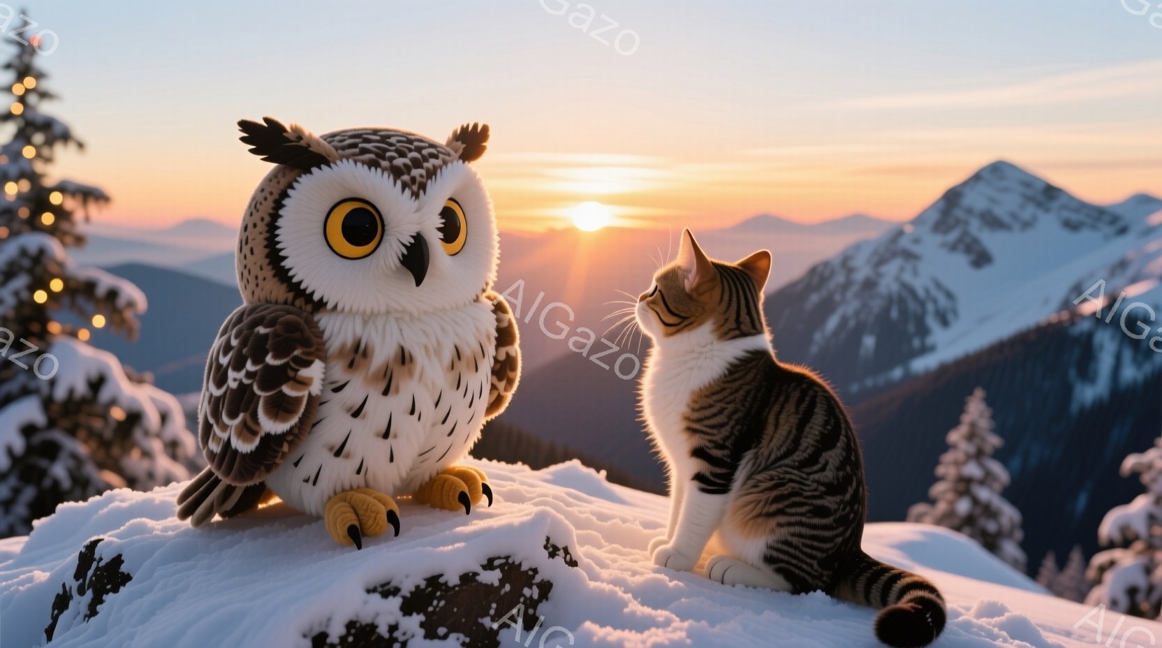 白い雪の上に、大きなフクロウのぬいぐるみが座っており、その前に茶白模様の猫が座ってフクロウを見上げています。背景には雪をかぶった山々が連なり、夕焼け空が暖かく穏やかな雰囲気を醸し出しています。全体的に - AI生成フリー素材