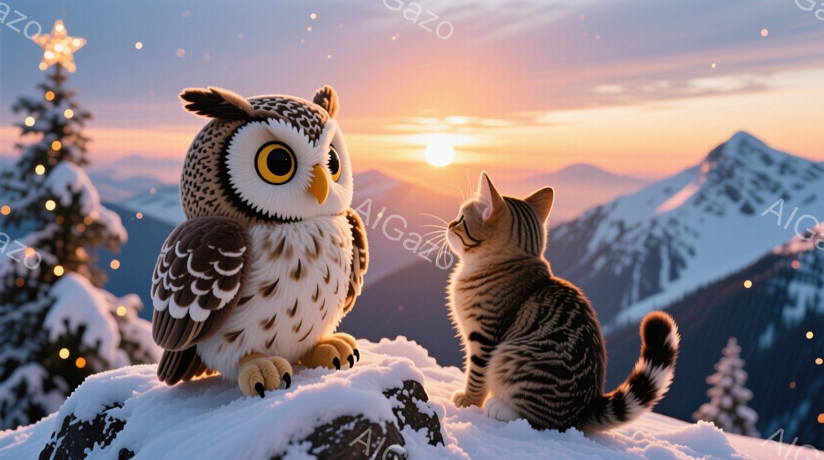 雪を積んだ岩の上に、大きなフクロウと小さな縞模様の猫が並んで座っています。背景には夕焼けに照らされた雪山が広がり、左側には飾り付けられたクリスマスツリーが見えます。暖かく穏やかな雰囲気で、冬の夕暮れ時 - AI生成フリー素材