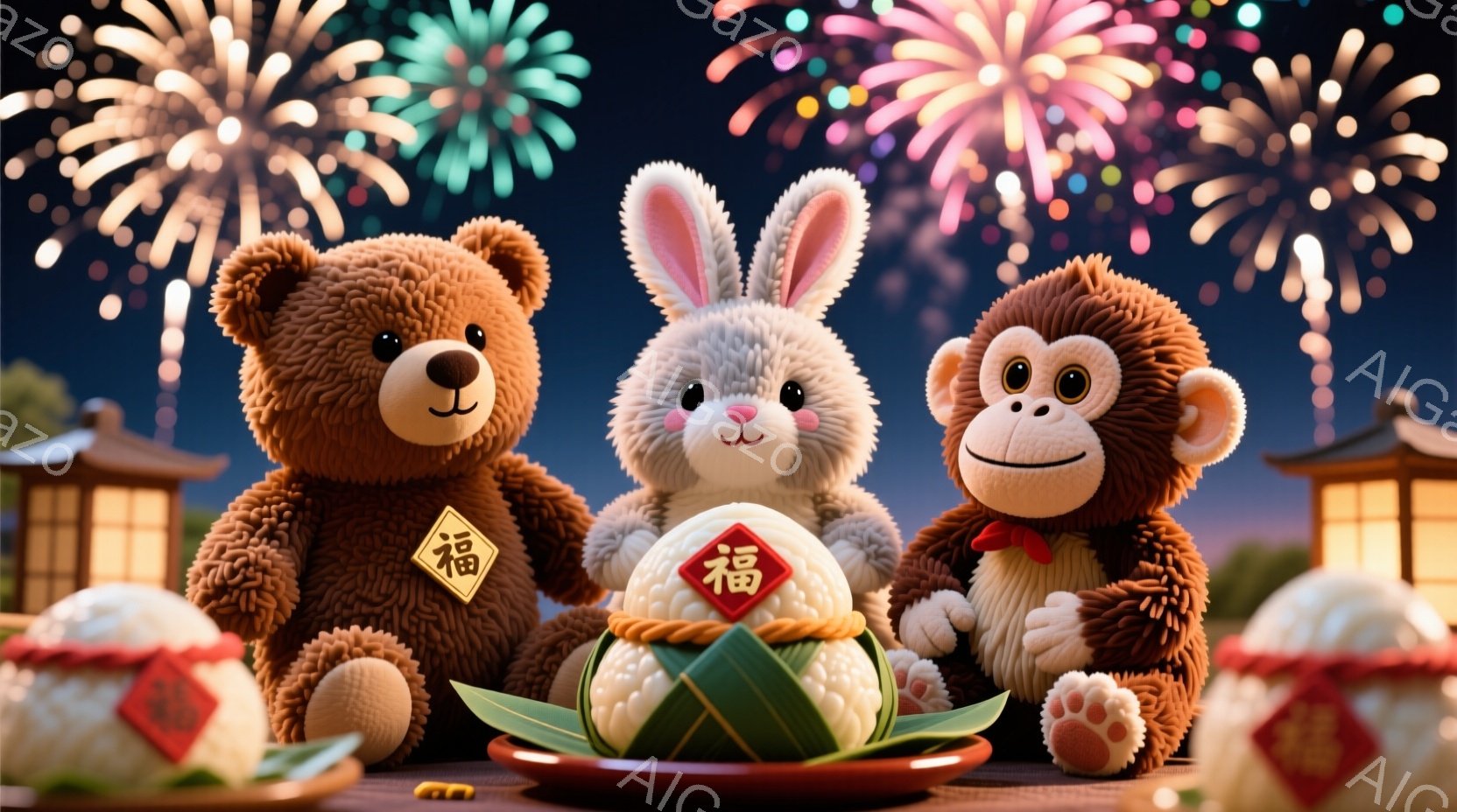 ぬいぐるみのクマ、ウサギ、サルが、それぞれ赤い模様の「福」と書かれたお団子と一緒に並んでいます。背景には日本の伝統的な建物と夜空に打ち上げられる花火があり、お祭りのような賑やかな雰囲気を醸し出しています。ぬいぐるみたちは愛らしい表情で、幸せな新年の祝賀を表現しています。