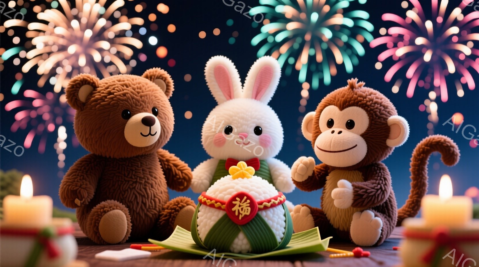 ぬいぐるみのようなクマ、ウサギ、猿が、お団子を囲んで座っています。ウサギはピンク色の衣装を着ており、お団子には「福」という文字が書かれた飾りがあります。背景には花火が上がり、テーブルの上には蝋燭や箸が置かれ、お祝いの雰囲気が漂っています。
