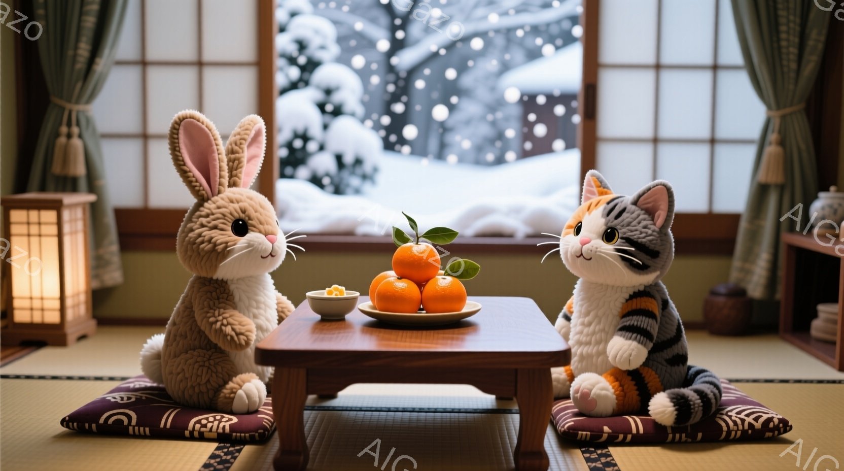 畳の上に座っているぬいぐるみのようなウサギと猫が描かれています。ウサギはベージュ色で、猫は白とオレンジの縞模様で、木製の低いテーブルの前に座り、テーブルの上にはみかんが盛られた皿があります。背景には雪景色が見え、伝統的な日本の部屋の穏やかで温かい雰囲気が漂っています。