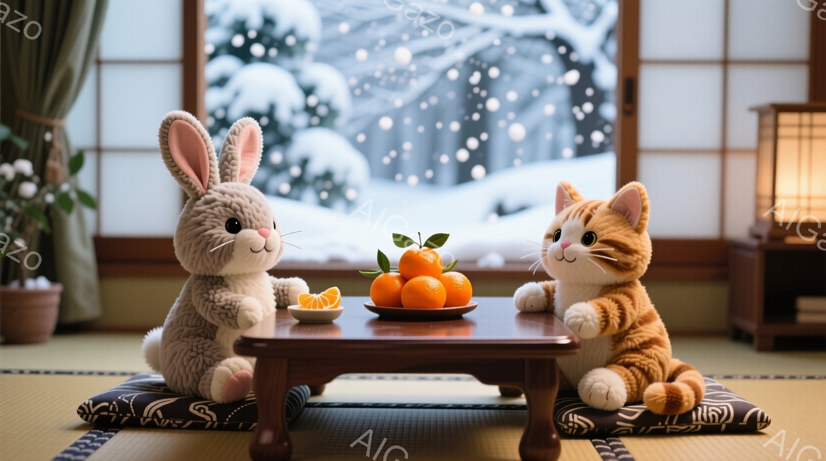 ぬいぐるみのようなウサギと猫が、畳の上に置かれた低いテーブルを挟んで向かい合って座っています。テーブルの上には、半分に切られたオレンジと、数個の丸いオレンジが置かれており、冬の雪景色を背景にした温かく - AI生成フリー素材