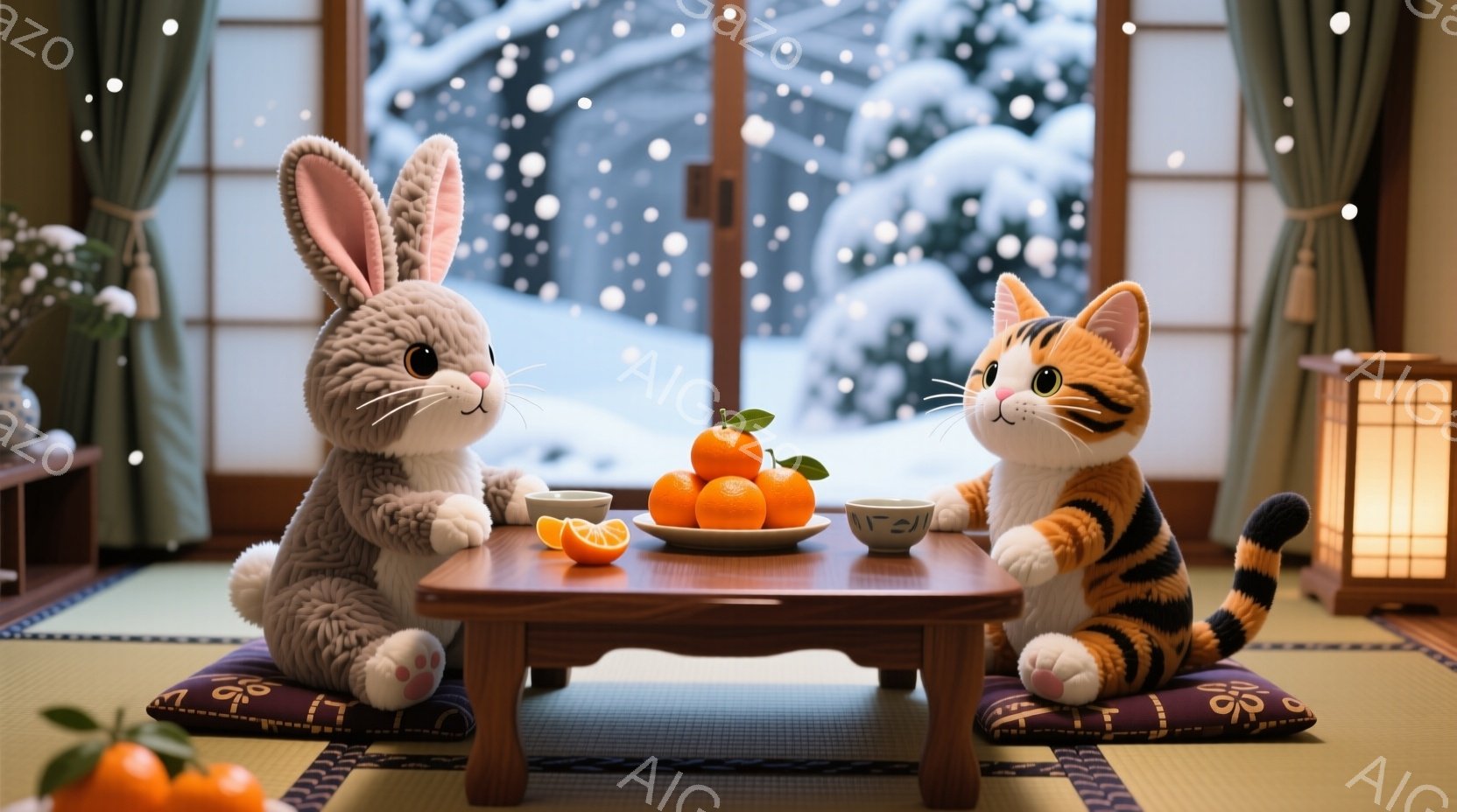 畳の部屋で、ウサギと猫が低い木製のテーブルを挟んで向かい合って座っています。二匹とも小さな座布団に座り、目の前にはお茶碗とみかんが置かれています。背景には雪景色が広がり、暖かく穏やかな冬の雰囲気が漂っています。