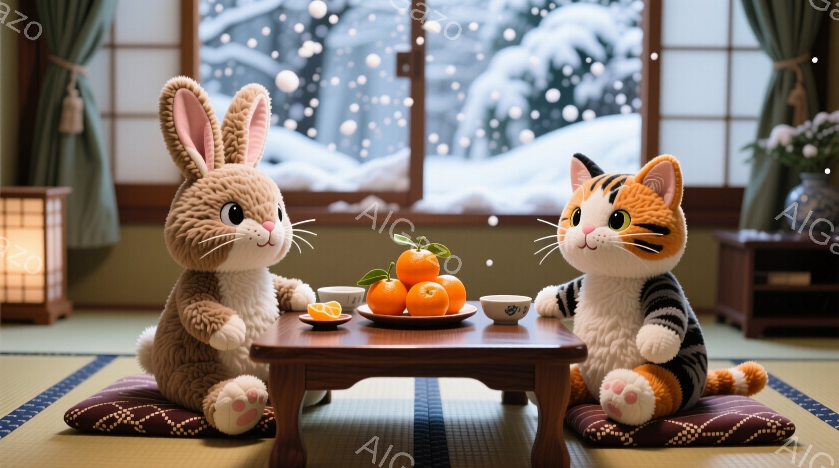 畳の上に座布団を敷き、その上に小さな木製のテーブルが置かれています。テーブルの上にはみかんが盛られ、可愛らしいウサギと猫が向かい合って座り、温かいお茶を飲みそうです。背景には雪景色が見え、部屋全体が暖かく穏やかな雰囲気です。