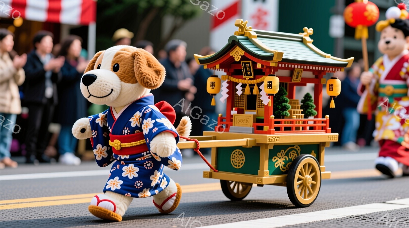 白い犬の着ぐるみが、鮮やかな青色の着物と白い足袋を身に着け、日本の伝統的な屋台を引き歩いている。屋台には提灯や松が飾り付けられ、祭りの雰囲気を醸し出している。背景には多くの観客がおり、晴天の下、賑やかなお祭りの様子が伝わってくる。