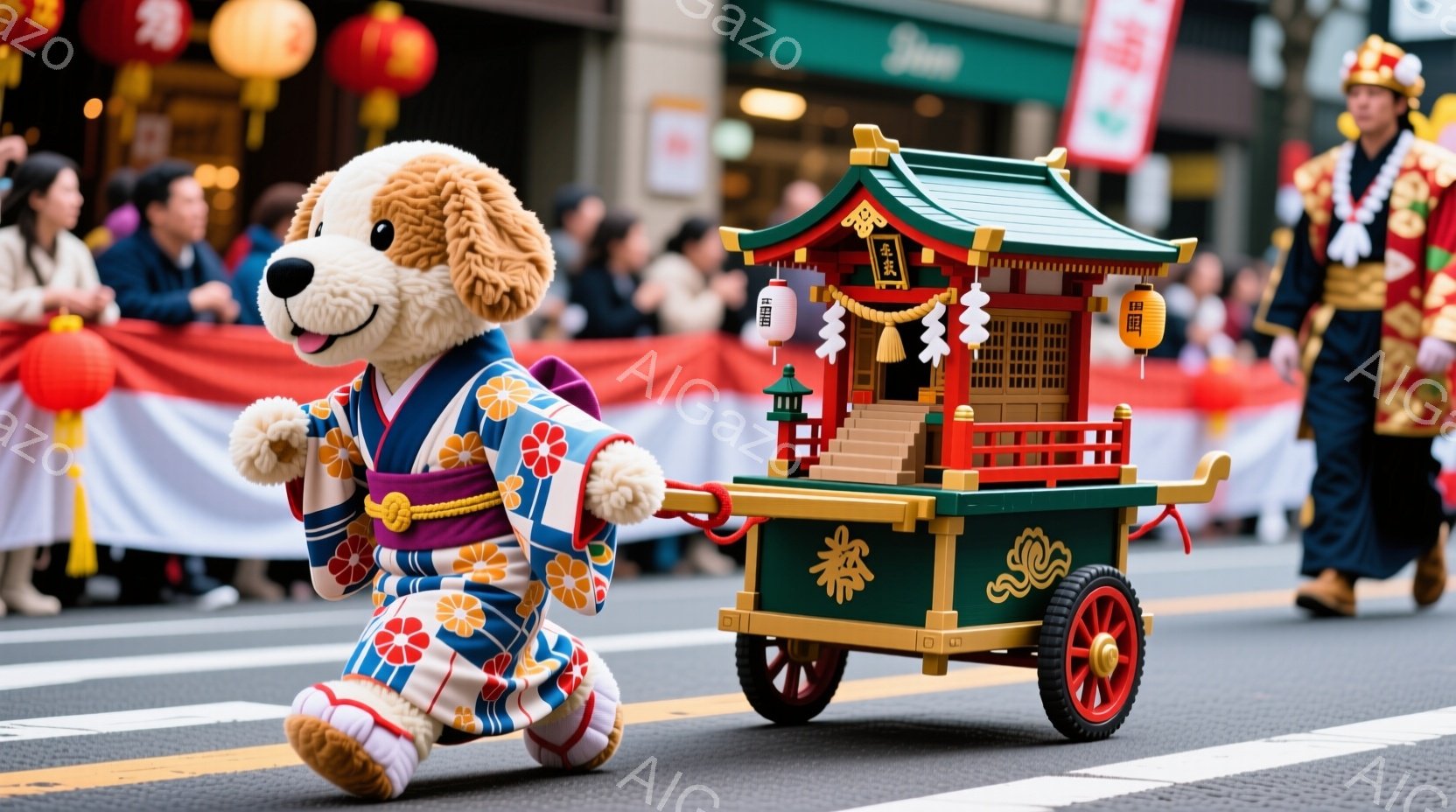 街路を、着物を着た犬のキャラクターが引く屋台が進んでいる。屋台は伝統的な日本の建築様式を模した装飾が施され、祭りの雰囲気を盛り上げている。背景には観客や建物が見え、晴天の下、賑やかなお祭りの様子が伺え - AI生成フリー素材