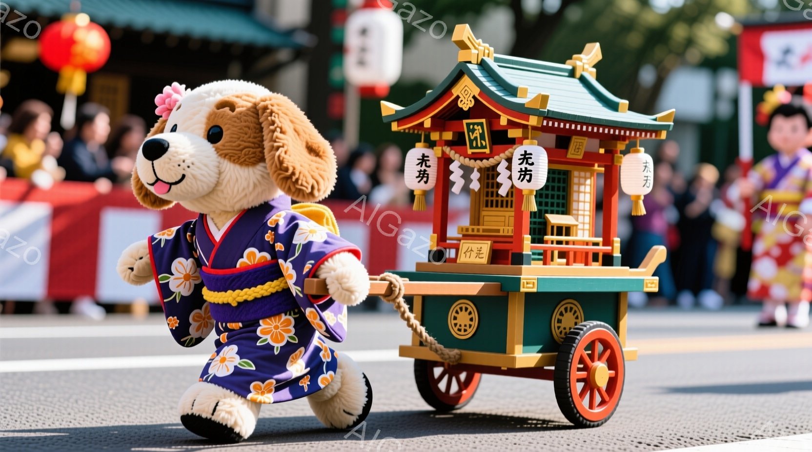 茶色の縞模様の猫が、濃い青色の花柄の着物を着て、碁盤の前に座っています。猫は前足で碁石を触っているようで、真剣な表情で正面を見ています。背景には、緑色の壁と赤い飾り、そして碁盤の周りには茶色の湯呑みが置かれています。