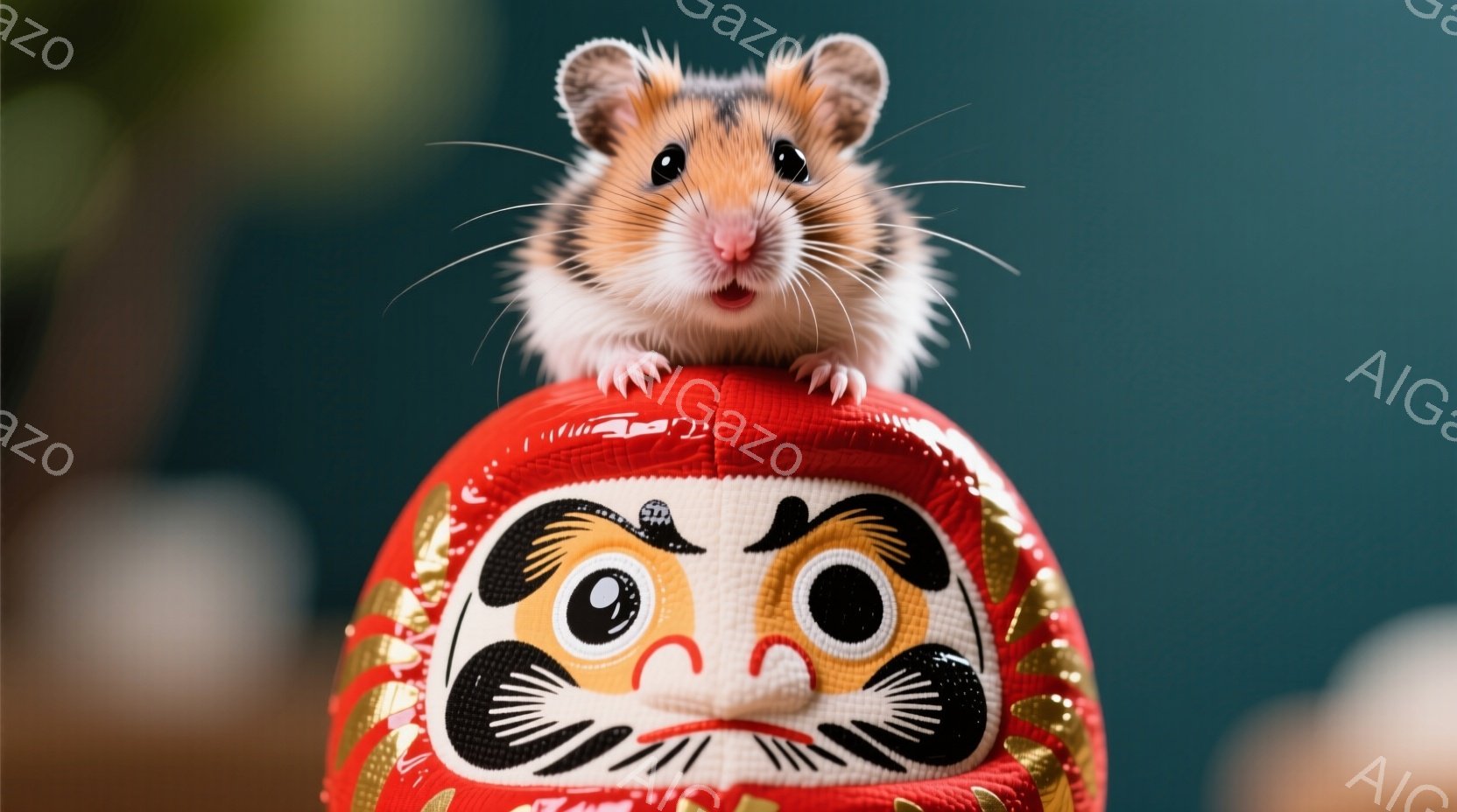 小さなハムスターが、赤色のダルマ人形の上に立っている写真です。ハムスターは少し上目遣いで、可愛らしい表情をしています。背景はぼやけていますが、緑色が見え、室内であることが分かります。