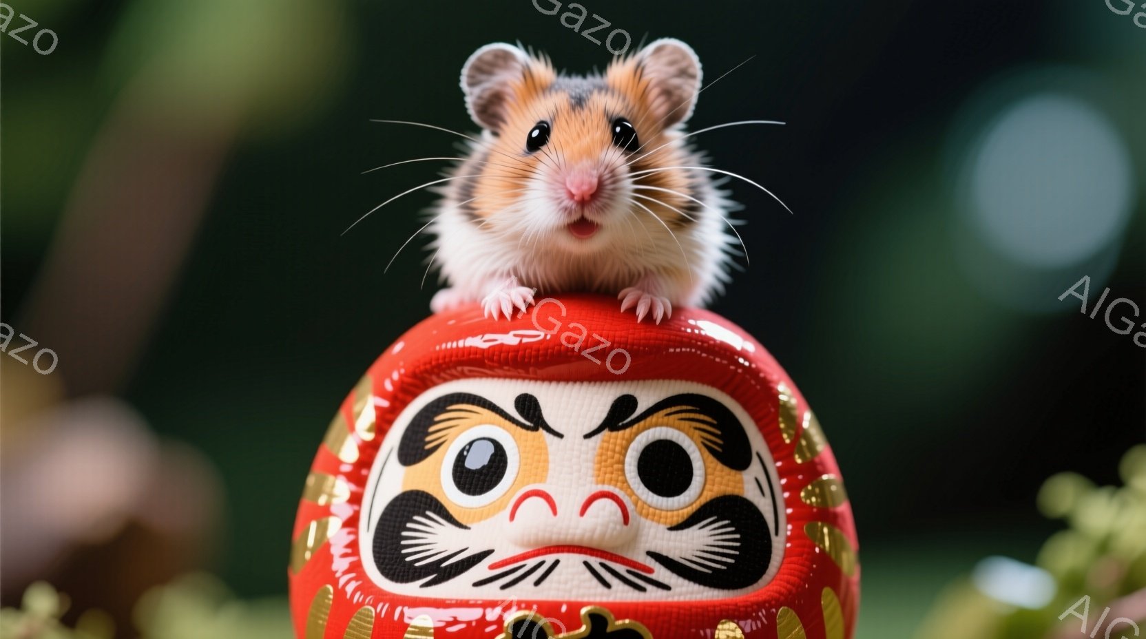 赤い達磨人形の上に、可愛らしいハムスターがちょこんと座っています。ハムスターは茶色と白の毛並みで、つぶらな瞳と小さなヒゲが特徴的です。背景は緑色の自然で、柔らかな光がハムスターと達磨人形を照らし、温かく愛らしい雰囲気を醸し出しています。