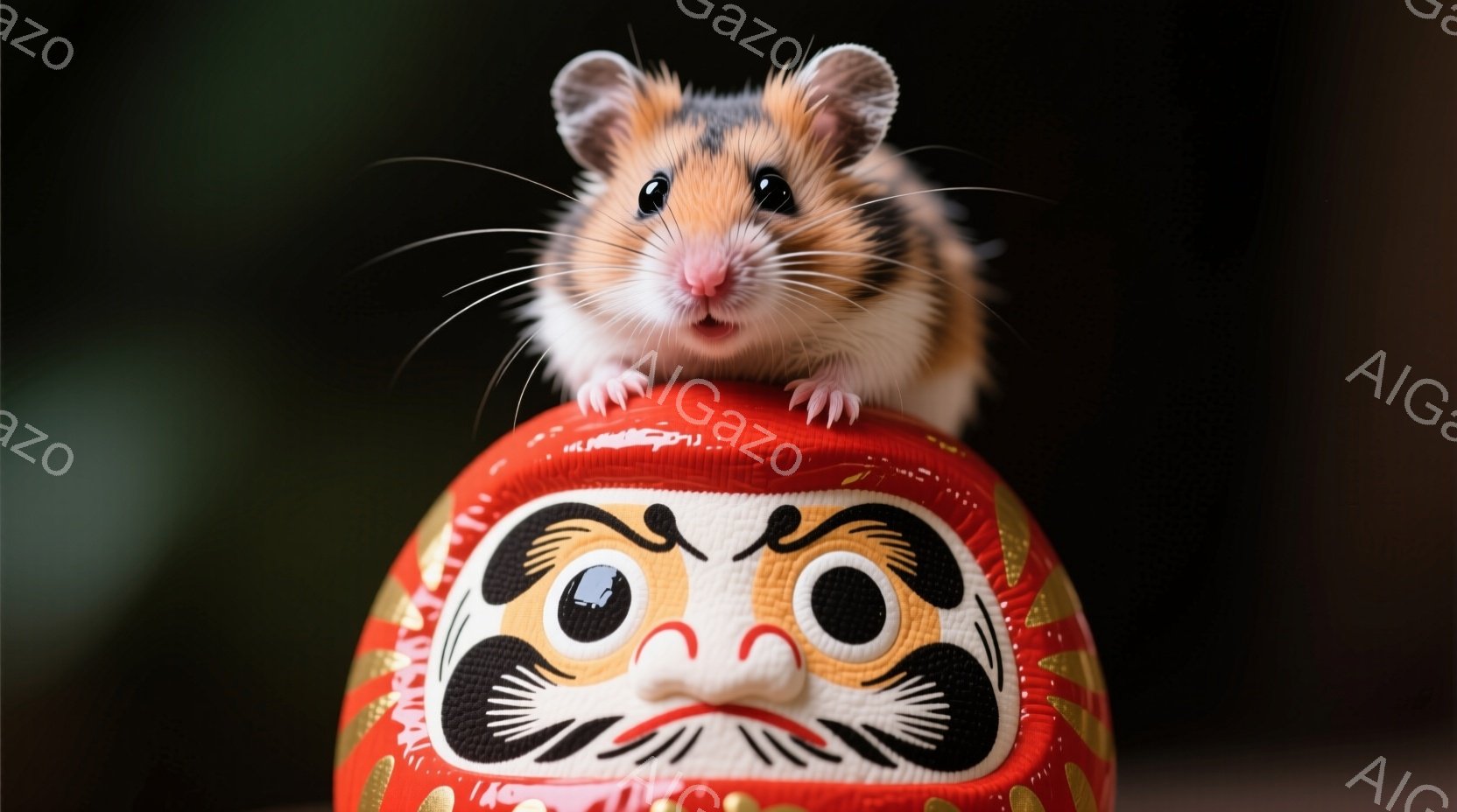 小さなハムスターが、赤いダルマの人形の上にちょこんと座っています。ハムスターは顔を上げ、好奇心旺盛な表情でこちらを見ています。背景は暗く、ダルマの人形が際立って見え、可愛らしい雰囲気を醸し出しています。