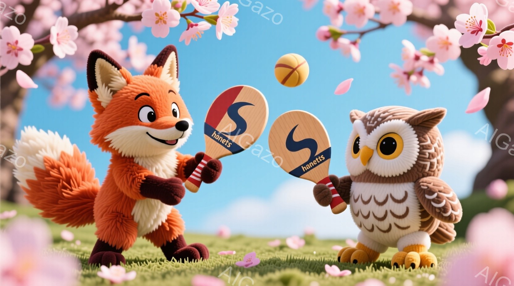 明るい緑の芝生の上で、キツネとフクロウがテニスラケットを持って立っています。キツネは笑顔で少し前かがみになり、フクロウは丸い目で真剣な表情をしています。背景には、ピンク色の桜の花びらが舞い、空は晴れで、春らしい穏やかな雰囲気が漂っています。