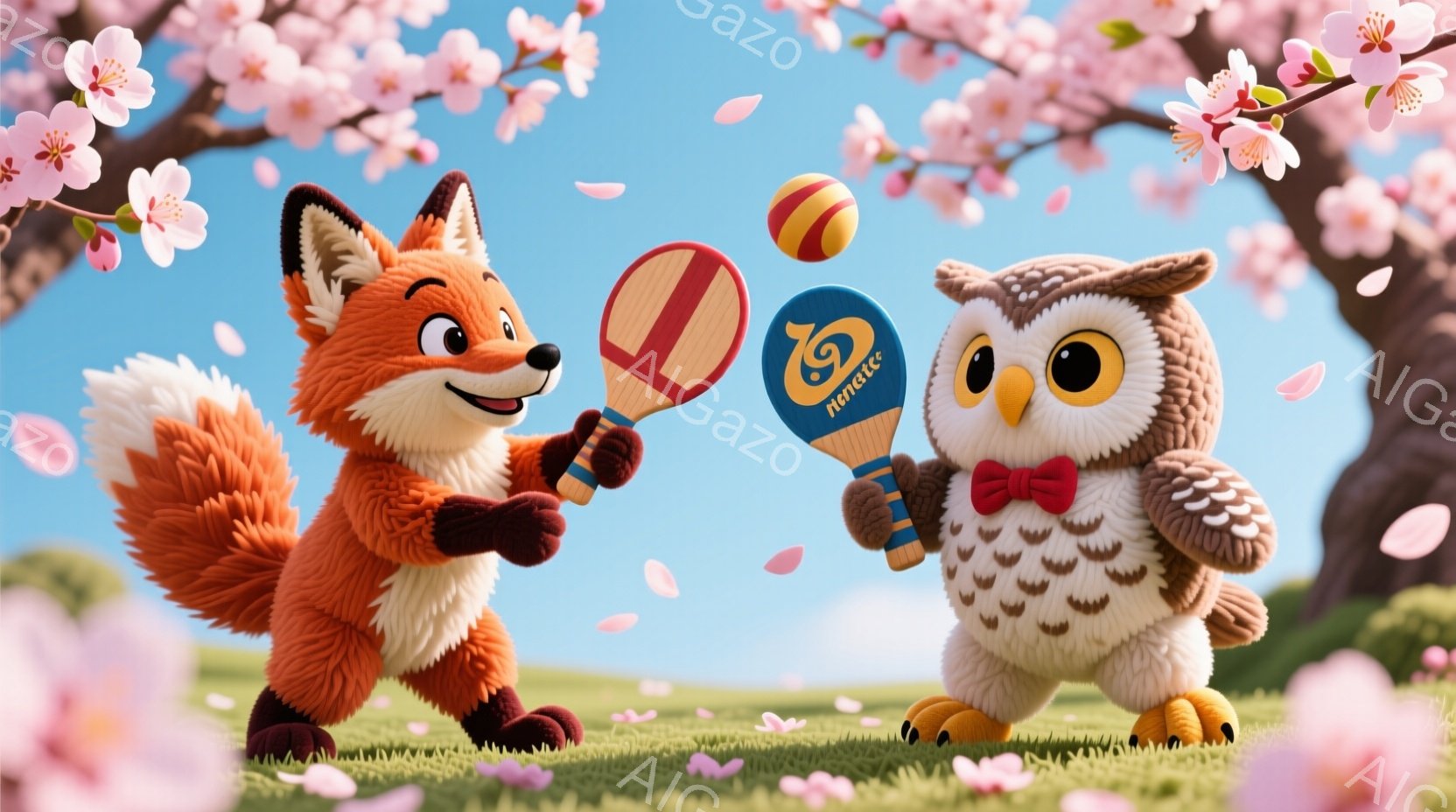 明るい春の日に、キツネとフクロウがバドミントンを楽しんでいます。キツネはオレンジ色の毛並みで、片手にバドミントンのラケットを持ち、楽しそうに笑っています。背景には、ピンク色の桜の花びらが舞い、緑の草が生い茂っており、春の暖かく幸せな雰囲気が漂っています。