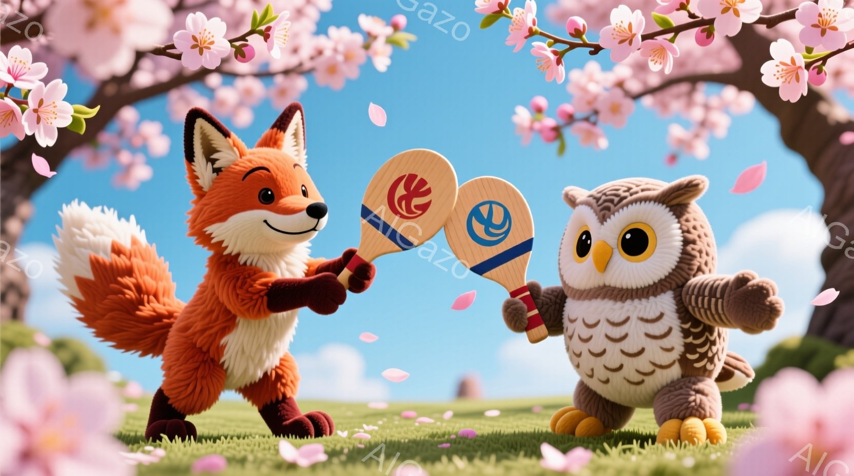 オレンジ色の狐と灰色のフクロウが、ピンク色の桜の花びらが舞う緑の草原で向かい合っています。狐は片手に赤い模様のラケットを、フクロウは青い模様のラケットを持っています。背景には、ピンク色の桜の花が咲き乱れ、明るく穏やかな春の雰囲気を感じさせます。