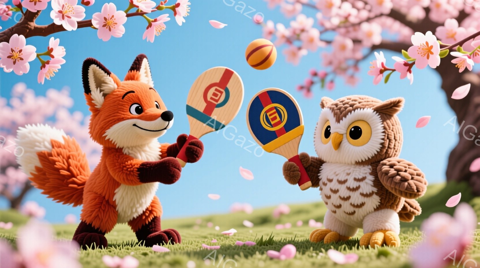 オレンジ色のキツネと白いフクロウが、ピンク色の桜の花びらが舞う緑の草原に立っています。二匹はそれぞれテニスラケットを持っており、まるでテニスの試合を始めるかのような構えです。背景には桜の木があり、空は晴れていて、全体的に明るく可愛らしい雰囲気です。
