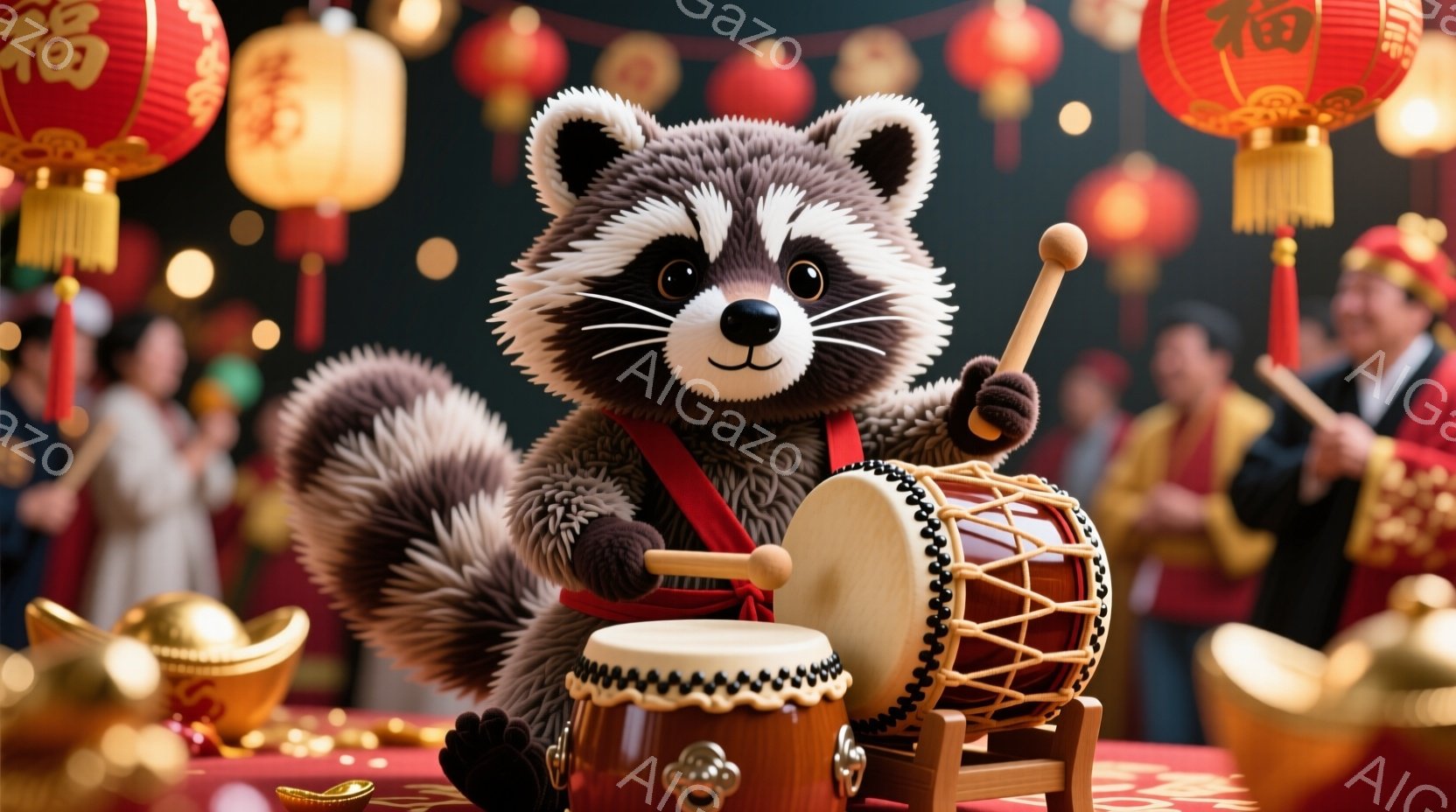 アライグマが太鼓を演奏しています。赤い帯をしており、太鼓の前に座って力強く太鼓を叩くポーズをとっています。背景には金色のインゴットや提灯が飾られ、お祝いの雰囲気が漂っています。
