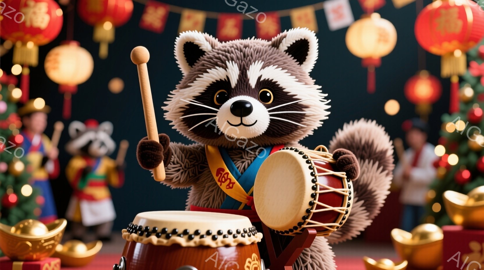 畳の上に、四匹のテディベアが並んでいます。それぞれ赤い帯で結ばれており、中央のクマは白い着物のような服を着ています。背景には、日本の伝統的な装飾が施された祭壇のようなものがあり、全体的に落ち着いた和の雰囲気が漂っています。