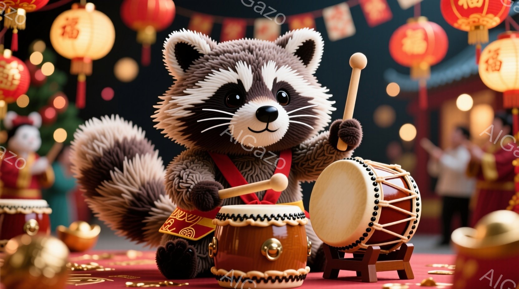 アライグマが太鼓を演奏している様子が描かれています。赤い飾り紐を付けた服装で、元気いっぱいの表情で太鼓を叩いています。背景にはぼやけた赤い提灯や金色の装飾が散りばめられており、お祝いの雰囲気が漂っています。