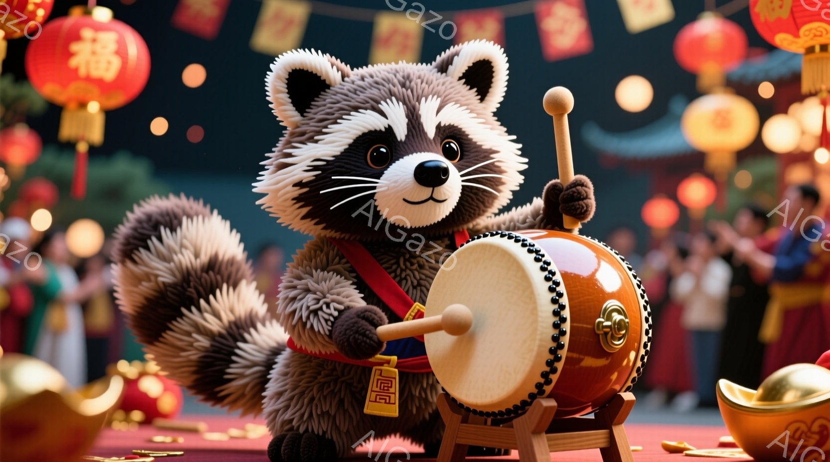 非常に愛らしいアライグマが、日本の太鼓（たいこ）を演奏しています。アライグマは赤い衣装を着て、真剣な表情で太鼓を叩いており、まるで熟練した演奏者のようです。背景にはぼやけた人々の姿や赤い提灯が見え、お祝いの雰囲気が漂っています。
