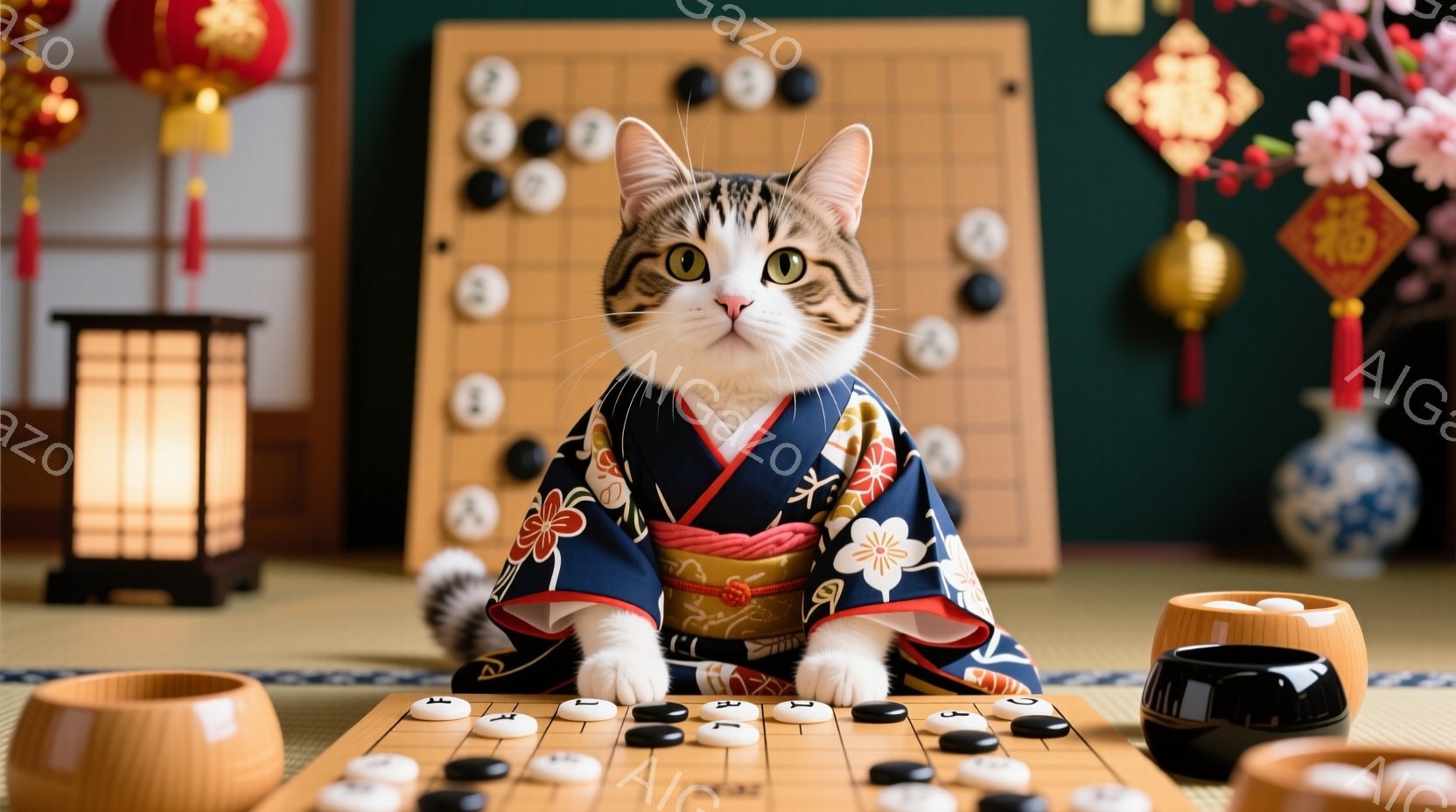 鮮やかな青色の着物を着た猫が、碁盤の前に座っています。着物には黄色と白の可愛らしい花柄が描かれており、猫は正面をまっすぐ見つめて、穏やかな表情をしています。背景には、提灯や桜の装飾が見られ、日本らしい落ち着いた雰囲気が漂っています。