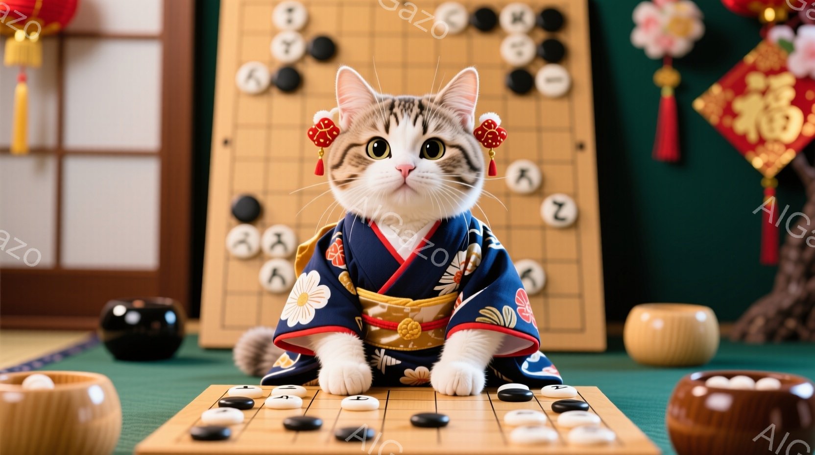 茶色の縞模様の猫が、鮮やかな青色の着物と赤い房の飾りを付けて、碁盤の前に座っています。猫は前足を伸ばし、碁石を見つめる真剣な表情をしています。背景には、赤い提灯や暖色系の装飾が映り込み、お祝いの雰囲気を醸し出しています。
