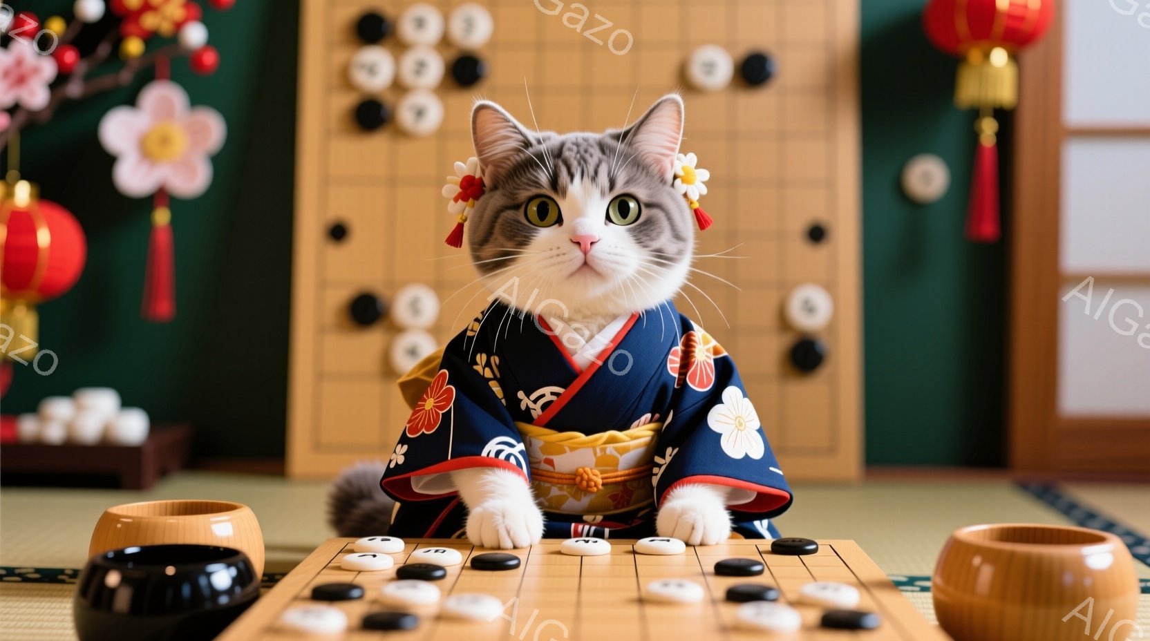 灰色の猫が、濃紺色の可愛らしい着物を着て、碁盤の前に座っています。着物にはオレンジと白の花柄が描かれており、頭にはお花飾りをつけています。猫は碁石を見つめ、真剣な表情でゲームの準備をしているようです。
