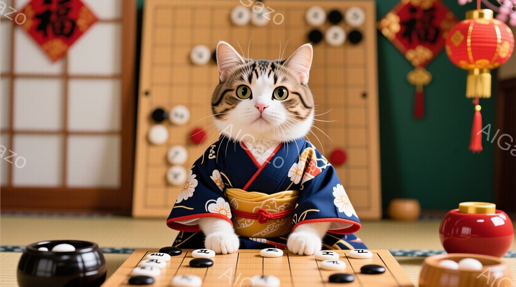 白と黒の模様が特徴的な猫が、鮮やかな青色の着物を着て、碁盤の前に座っています。猫は前足を揃えて座り、少し上目遣いでこちらを見ており、穏やかで知的な表情を浮かべています。背景には畳の床、碁石、赤い提灯、そして木製の障子が映り込み、日本の伝統的な雰囲気を醸し出しています。