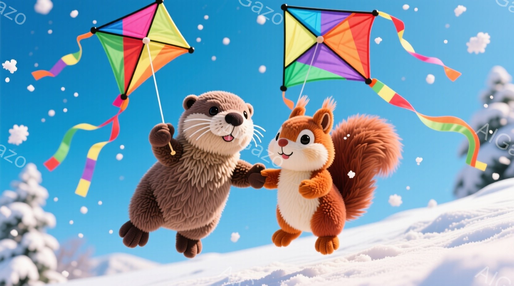 雪景色の中で、カワウソとリスが風に乗って凧揚げを楽しんでいる様子が描かれています。二匹は嬉しそうな表情で、カラフルな凧の糸を手に持ち、雪原の上を跳ね回っています。背景には雪に覆われた木々と青空が広がり、冬の暖かく楽しい雰囲気を伝えています。