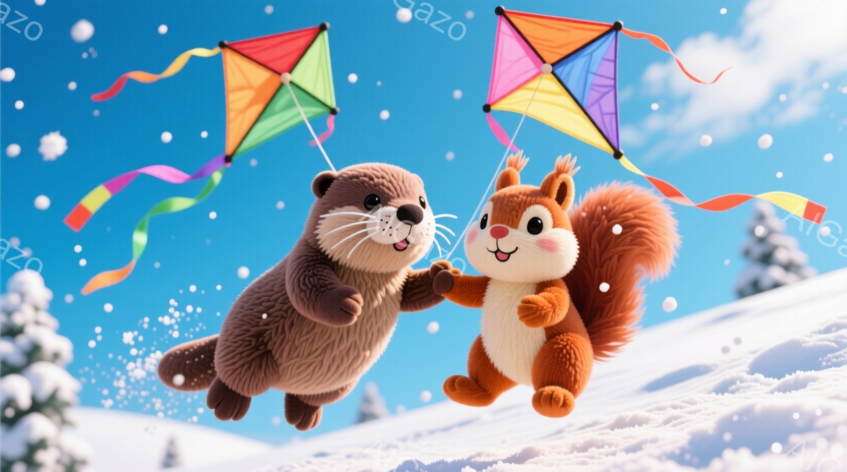 雪景色の中で、カワウソとリスが凧揚げを楽しんでいる様子が描かれています。ふたりは笑顔で寄り添い、カラフルな凧を高く上げています。背景には雪に覆われた丘と遠くの木々があり、晴れた空と雪の舞いが冬の穏やかな雰囲気を演出しています。