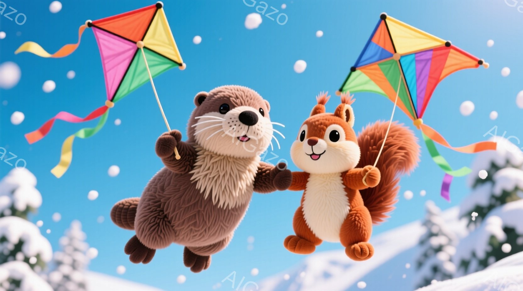 ふわふわのカワウソとリスが青い空を背景に、カラフルな凧を高く掲げて楽しそうに空を飛んでいます。二匹とも笑顔で、喜びと興奮に満ちた表情をしています。背景には雪に覆われた山々が広がり、冬の晴れた日の暖かく穏やかな雰囲気を醸し出しています。