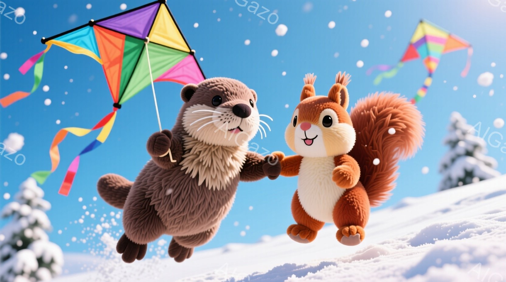 雪景色の中で、カワウソとリスが手をつないで楽しそうに跳ねています。カワウソは茶色い毛並みで、リスは赤茶色の毛並みとふさふさとした尻尾が特徴的で、どちらも笑顔で表情豊かです。背景には雪に覆われた木々と青空が広がり、カラフルな凧が舞っている様子から、冬の暖かく楽しい雰囲気が伝わってきます。