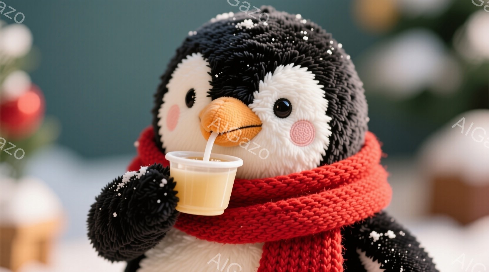 ふわふわのペンギンのぬいぐるみが、赤い編み物のマフラーを巻いています。片方の前足で白いカップに入った飲み物を持ち、少し微笑んでいるように見えます。背景にはぼやけたクリスマスツリーの飾りが見え、雪が舞っ - AI生成フリー素材
