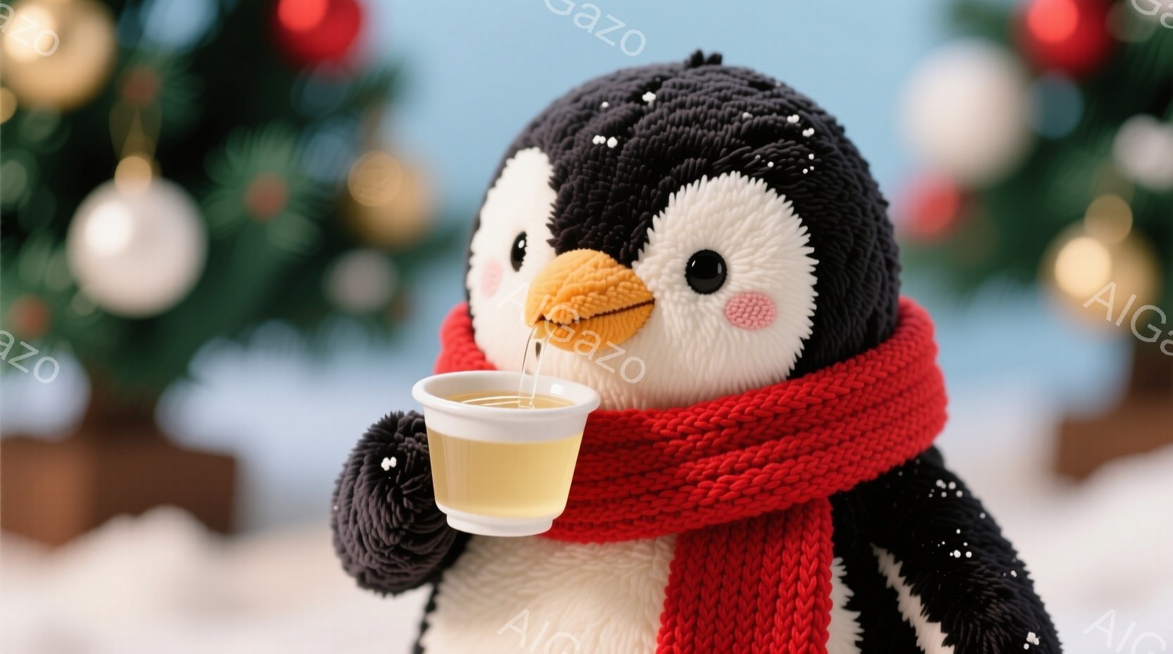 ふわふわしたペンギンのぬいぐるみは、赤い編み物のマフラーを巻いています。ペンギンは片手にホットドリンクが入った白いカップを持っており、飲み物を飲む仕草をしています。背景にはクリスマスツリーと雪景色が広 - AI生成フリー素材
