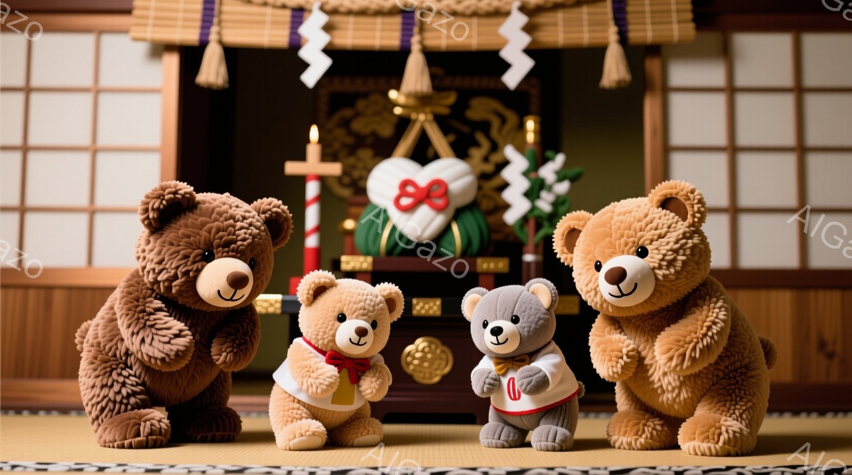 畳の上に、クマのぬいぐるみ家族が並んでいます。親クマは茶色で、子クマは薄茶色と灰色で、それぞれ白い装束を身に着け、赤い飾り紐を結んでいます。背景には日本の伝統的な祭壇があり、全体的に温かく、家族の絆を - AI生成フリー素材