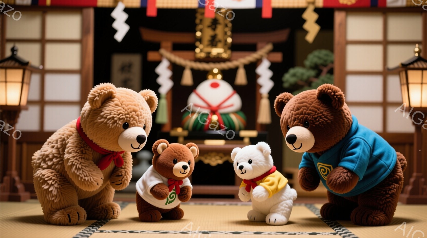 畳の上に四匹のテディベアが並んで立っています。それぞれ赤い首輪をつけ、茶色、白、青色の服を着ています。背景には、祭りのような装飾が施された神社の建物があり、暖かく、お祝いのような雰囲気です。