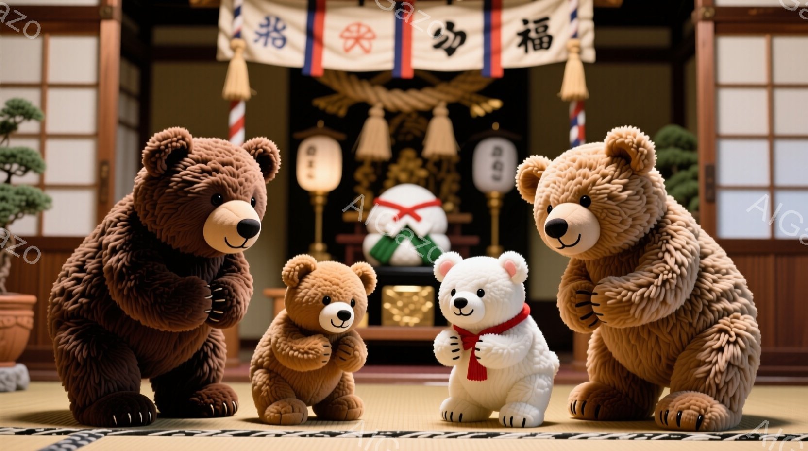 畳の上に、大きな茶色のクマ、小さな茶色のクマ、白いクマ、そしてさらに大きな茶色のクマが並んで立っている。背景には、日本の伝統的な装飾と「合格」と書かれた旗があり、まるで卒業式や合格祝いのような雰囲気である。クマたちは皆、穏やかな表情で、少し緊張した様子で前を見ている。